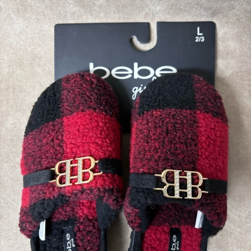 Bebe Plaid Girls Quilted Sherpa Slippers Red/Black Size Large 2/3